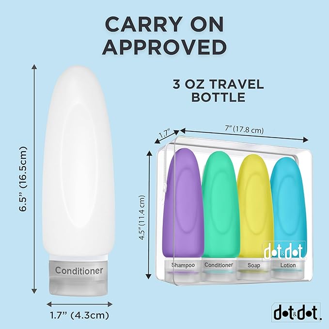 Dot&Dot Leak Proof TSA Approved Travel Bottles for Toiletries - 3oz Shampoo and Conditioner Travel Size Containers - Silicone and Labels