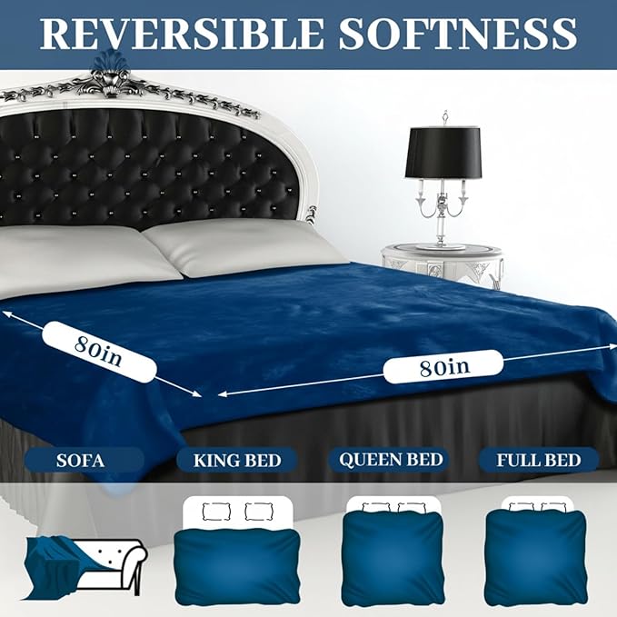 King Size Waterproof Blanket for Bed Couch, 80'' x 80'' Double Side Leakproof Reversible Sherpa Flannel Fleece 3-Layer Lightweight Blanket, Absorbs 70oz(Navy Blue/White), Machine Washable