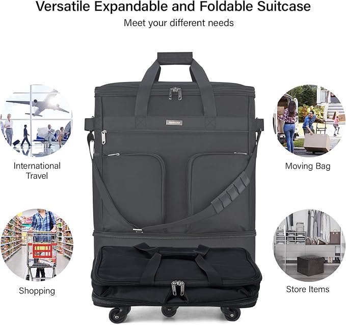 Hanke Expandable Collapsible Luggage with Wheels, Black Upgrade Version 2, 98L, Water-Resistant, 5 Spinner Wheels, 3 Pockets, Polyester, 19x13x27.2 inches, 6.1lb, Carry-On Luggage, Travel, Vacation