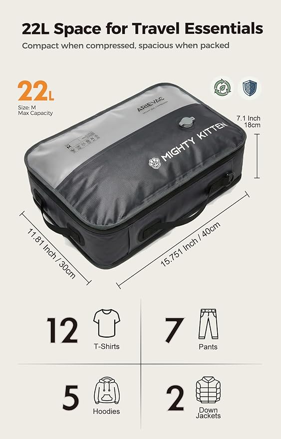 Travel Vacuum Seal Bag with Pump, 21L Compression Packing Cube Kit with 270° Zipper, Reusable Waterproof Vacuum Storage for Carry-On & Small Checked Luggage (2-Pack)