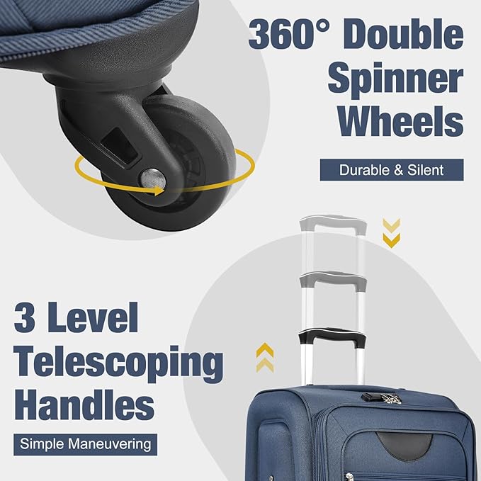 Luggage Sets Softside Expandable 3 Piece Set Lightweight Suitcase with Duffel Bag Upright Spinner Softshell, TSA Lock Carry On for Business for Family Travel (Dark Blue, 22"/26"/30")