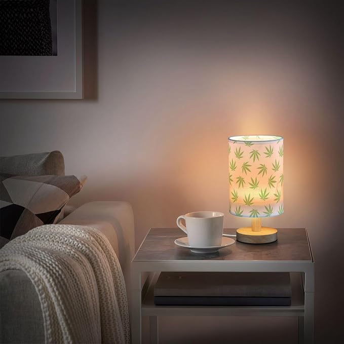 Table Lamp Green Marijuana Leaf Cannabis Weed Leaves on White Nightstand Lamp with Wood Base Fabric Lamp Shade Bedside Desk Lamp for Living Room Bedroom Kids Room Office