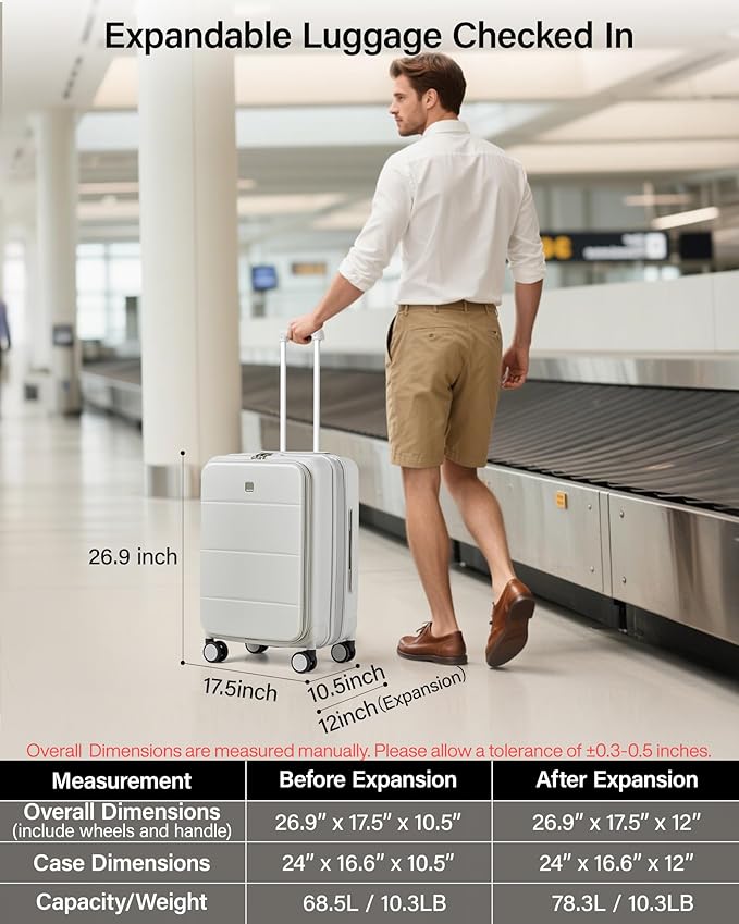 MILADA 24 Inch Checked Luggage, Expandable Hardshell Suitcase with 360° Spinner Wheels & TSA Lock, Lightweight Medium Rolling Luggage for Men and Women Travel, White