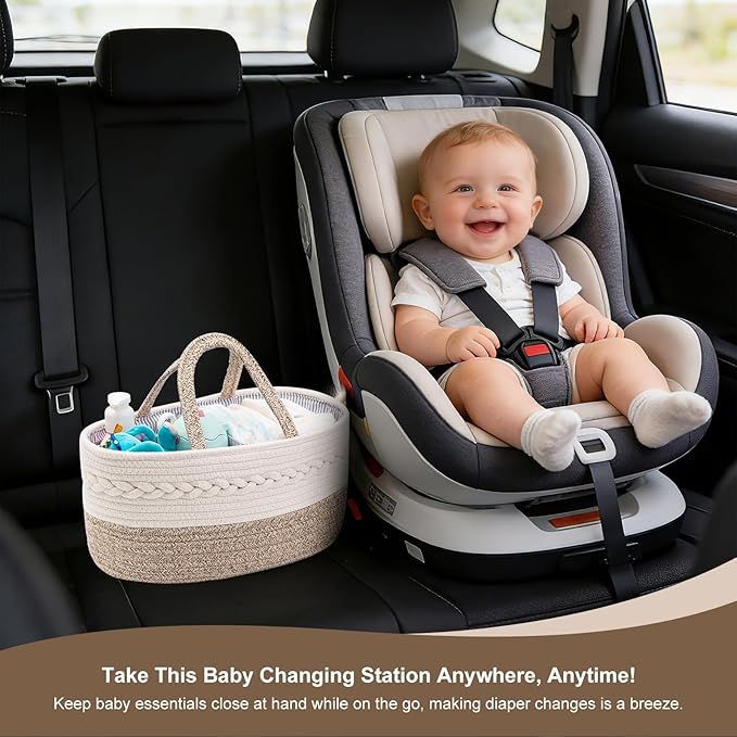 Baby Diaper Caddy Organizer, Portable Nursery Storage Basket with Changeable Compartments, 100% Cotton Woven Rope Baskets, Car & Changing Table Tote, Newborn Gift