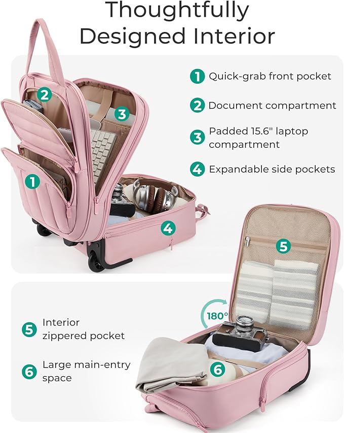 BAGSMART Small Underseat Carry on Luggage with Wheels, 16 inch Small Under Seat Luggage, Lightweight Travel Suitcase for Women, Baby Pink