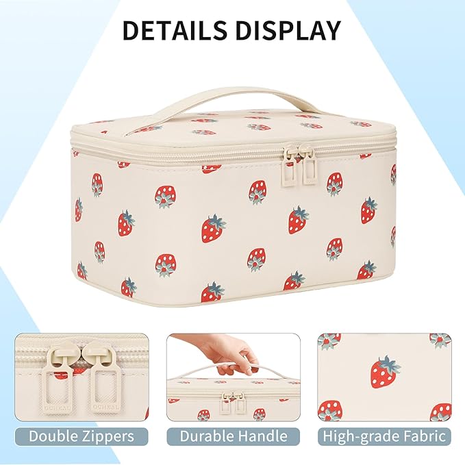 OCHEAL Makeup Bag,Travel Makeup Organizer Bag, Large Capacity Cosmetic Bags For Women Large Travel Toiletry Bag Girls Traveling With Brush Slot And Divider-PU Strawberry