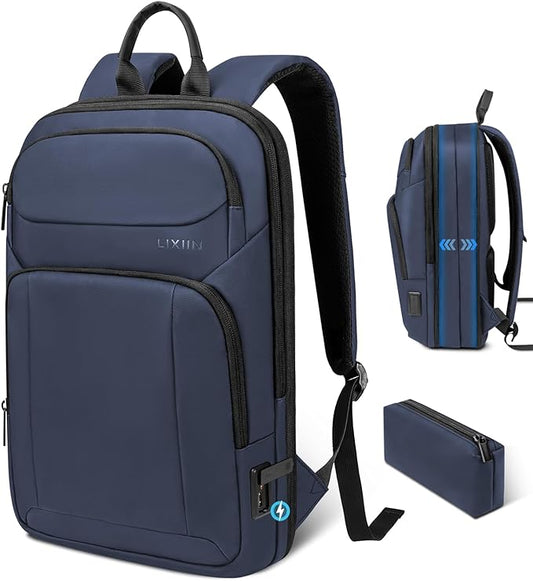 Backpack for Men Slim & Expandable Travel Laptop Backpack with USB Charging Port Water Resistant Anti-Theft Business Backpack Fits 17.3In Laptop for Commute Work College with Small Bag (Navy Blue)