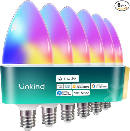 Linkind Matter E12 Led Bulb, Candelabra Color Smart Light Bulbs, 6 Pack | Works with Alexa/Apple Home/Google Home, Chandelier Light Bulbs, Music Sync, 104 Preset Scenes, 2.4GHz WiFi B11 Bulb 470LM