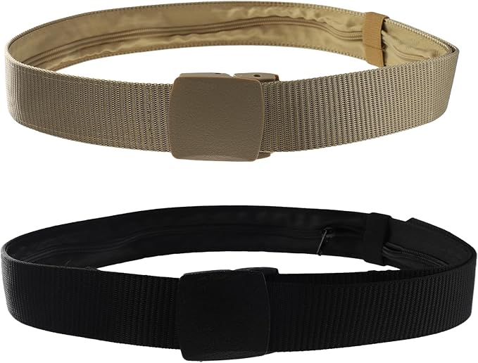 Money Belt, 2 Pcs Security Belt for Travel for Men Hidden Anti-Theft Nylon for Business Trip Jogging Outdoor Working Gift for Fathers Dad Men Boyfriend (Black,Khaki)