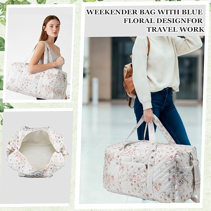 Large Quilted Travel Duffle Bag for Women Floral Portable Gym Weekender Bag with Zipper Pockets Workout Grocery Pouch Duffle Gift Pouch for Work(Light Colored Spliced Floral)
