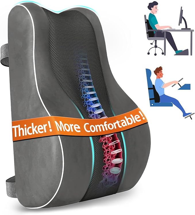 CloudBliss Ergonomic Lumbar Support Pillow – Memory Foam for Lower Back Pain Relief, Adjustable Straps & Mesh Cover for Office, Gaming, Car & Home Essentials (Grey)
