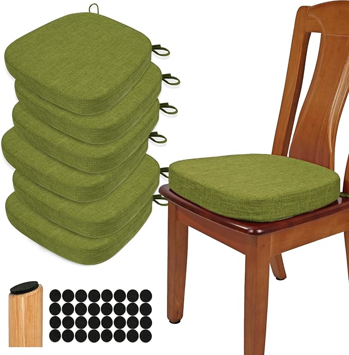 BUYUE Thickened 2.5" Dining Chair Cushions Set of 6, U-Shape High Density Foam Comfortable Chair Pads for Kitchen, Slip Resistant Indoor Seat Cushions (6 PCS, Grass Green)