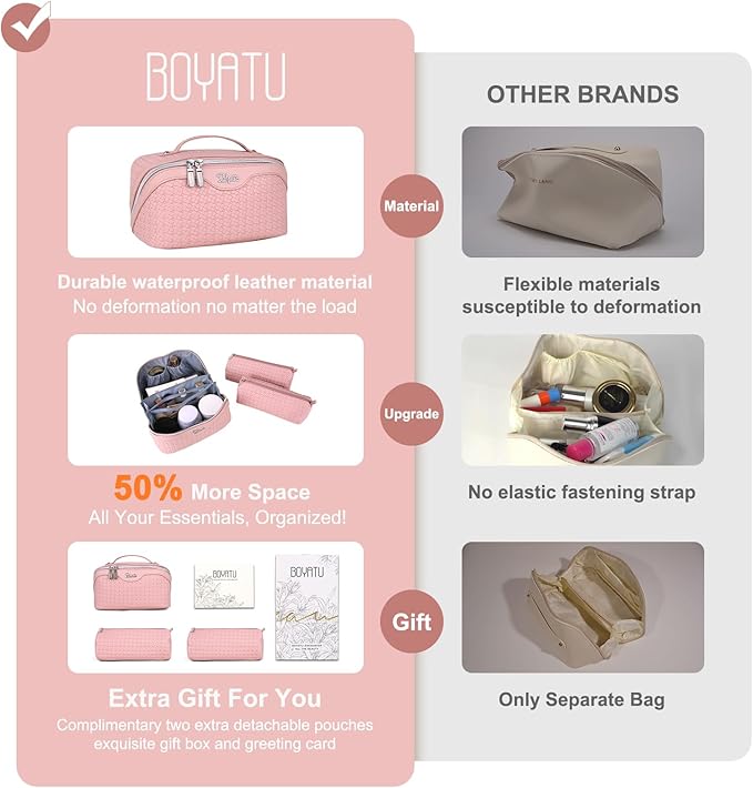 BOYATU Travel Makeup Bag Cosmetic Bags for Women: Large Capacity 3 Pcs Set Make up Bag with Compartments - Waterproof Vegan Leather Toiletry Organizer Bags with Handle (L39 Pink)