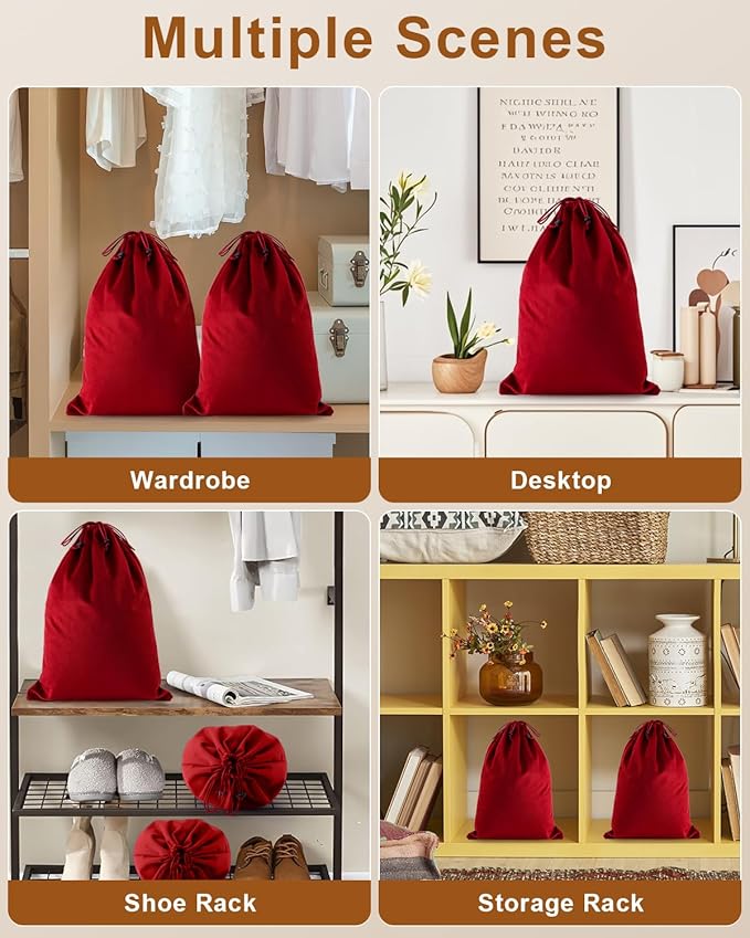FantasyLife Shoe Bags for Travel, 17.3"x12.6" Washable Dust Bags for Storage & Packing, Flannel Shoe Pouch with Drawstring Closure for Purses, Handbags, Shoes & Toys (2, Rio Red)