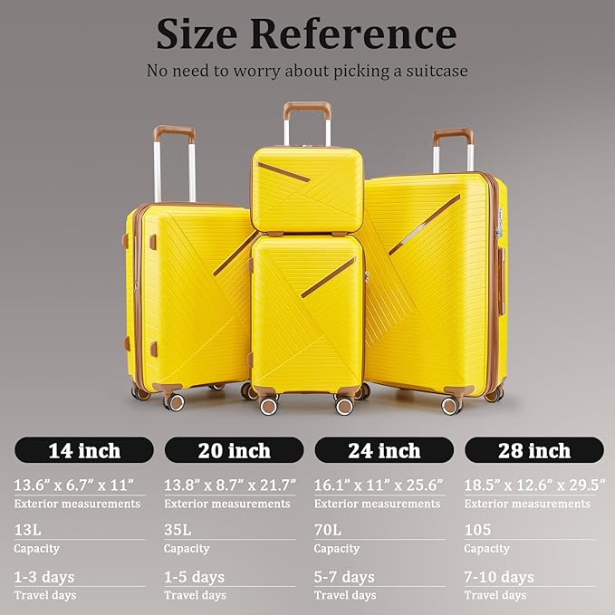 4 Piece Expandable Hardshell Pink Luggage Sets with Spinner Wheels, Lightweight Travel Suitcase Set with TSA Locks, 20 inch Carry On for Women (Yellow, 4 Piece Set)