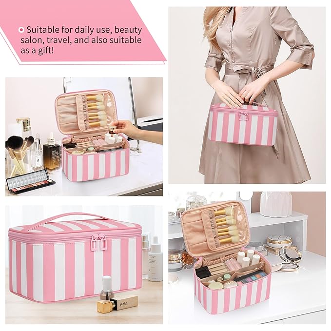 OCHEAL Makeup Bag,Travel Makeup Organizer Bag, Large Capacity Cosmetic Bags For Women Large Travel Toiletry Bag Girls Traveling With Brush Slot And Divider-Stripes Pink
