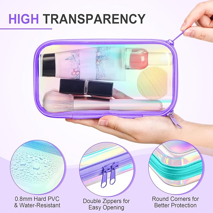 Sanwuta 6 Pcs Clear Hard Zipper Case Plastic Zipper Pouches Transparent Makeup Bag Pencil Case Pouches Toiletry Diaper Bag for Travel Toy Storage Organizer Bins(Holographic,7.48 x 3.94 x 2 Inch)