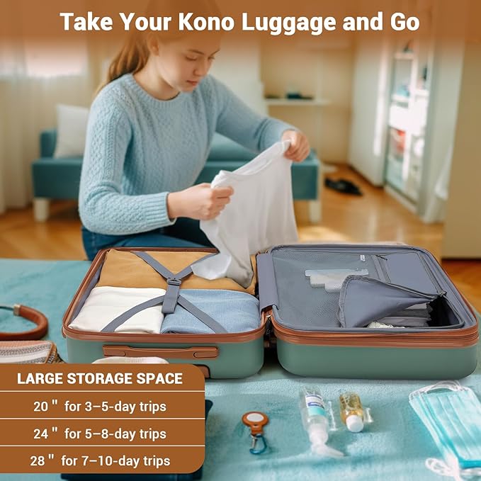 Kono Expandable Carry On Luggage 22x14x9 Airline Approved with Spinner Wheels, 20 Inch Durable & Impact-Resistant PC+ABS Hardshell Rolling Suitcase Travel Luggage with Lock, Green/Brown