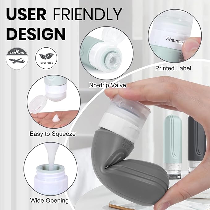 Travel Bottles for Toiletries 8 Pack, TSA Approved Travel Size Toiletries Containers Set, 4 Silicone Leak Proof Refillable Bottles and 4 Creams Jars Accessories Kit W/Clear Bag (GRAY)