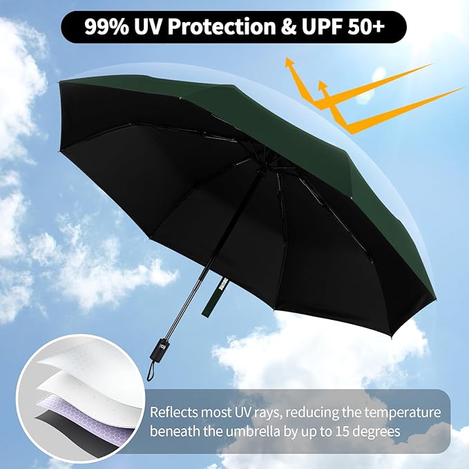 Yoobure Windproof Travel Umbrella - Automatic Umbrellas for Rain, Compact Folding Umbrella with UV Protection, Lightweight Portable Design for Backpack/Walking/Car, Sun & Storm Ready
