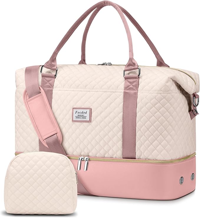 Travel Weekender Duffle Bags for Women: Overnight Bags with Shoe Compartment Large Carry on Weekend Bag with Toiletry Bag & Wet Pocket Tote Duffel Hospital Bag for Women Labor Delivery Beige Pink