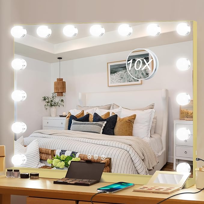 Moonee Vanity Mirror with Lights, Gold Hollywood Lighted Makeup Mirror with 15 Dimmable Bulbs and 10X Magnification, 3 Colors Modes, Aluminum Metal Frame, Light Up Mirror for Tabletop/Wall（23" x 18"）