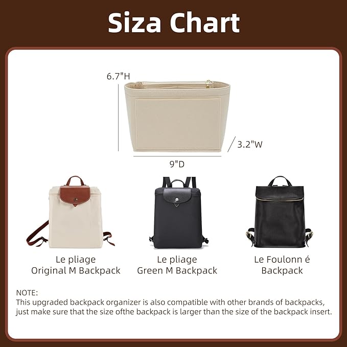 Doxo Backpack Organzier Insert Compatible with Longchamp Le Pliage Bag and More (9" L x 3.2" W x 6.7" H, Beige)