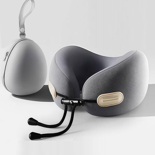Travel Neck Pillow with Storage Case, 100% Pure Memory Foam, Airplane Head Support for Flight Sleeping, Portable, Gray