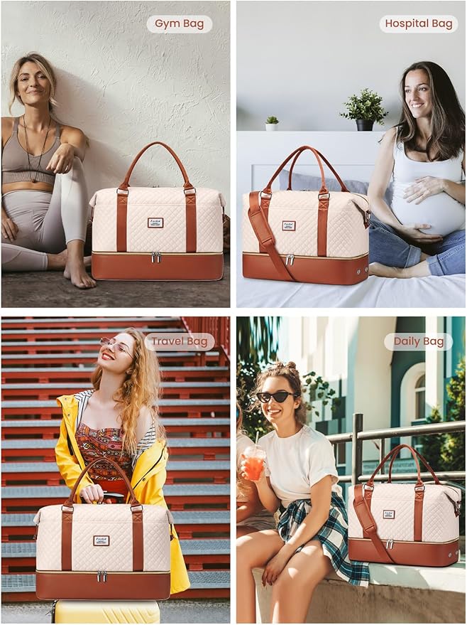 Travel Weekender Duffle Bags for Women: Overnight Bags with Shoe Compartment Large Carry on Weekend Bag with Toiletry Bag & Wet Pocket Tote Duffel Hospital Bag for Women Labor Delivery Begie Brown