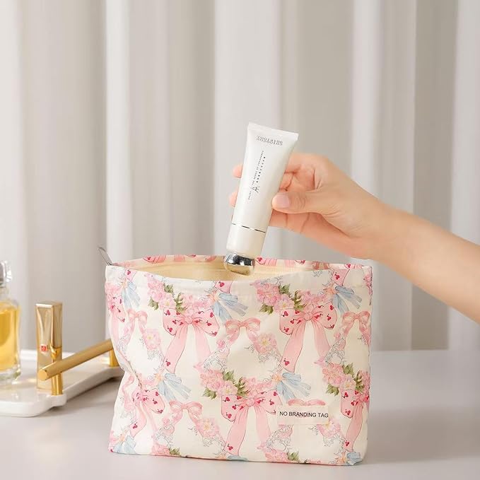 HAPPYHEIDI Makeup Bag Set 2, Cute Cosmetic Pouch, Pink Floral Bow Pattern, Cotton, Lightweight, 2 Count, Zipper Closure