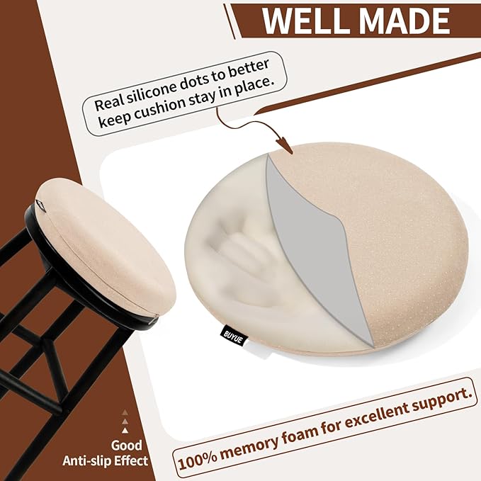 BUYUE Memory Foam Seat Cushion, Dia 15" Soft Velvet Round Stool Cushion Anti-Slip Chair Pads, M, Beige