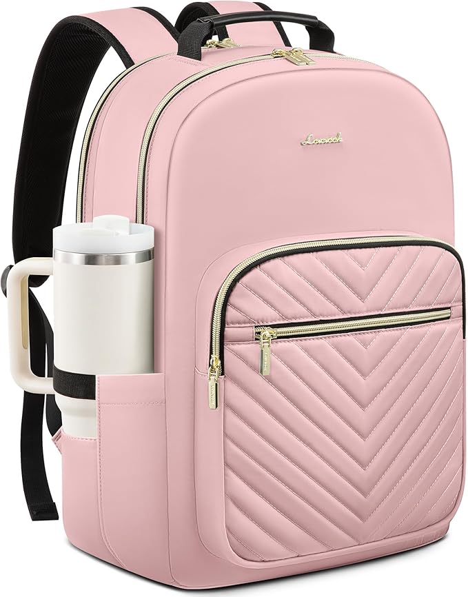 LOVEVOOK Laptop Backpack for Women with Giant Tumbler Holder 18.4 inch,Designer Travel Backpack Laptop Bag College Backpack,Quilted Work Nurse Teacher Backpack Purse Computer Bag Casual Daypack, Pink