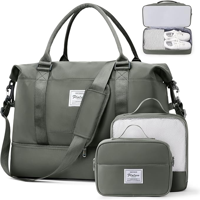 Weekender Bags for Women, Travel Duffel Bags with Shoe Compartment & Wet Pocket,Personal Item Travel Bag for Airlines,Carry on Overnight Tote Bag for women,3Pcs Set，Olive Green