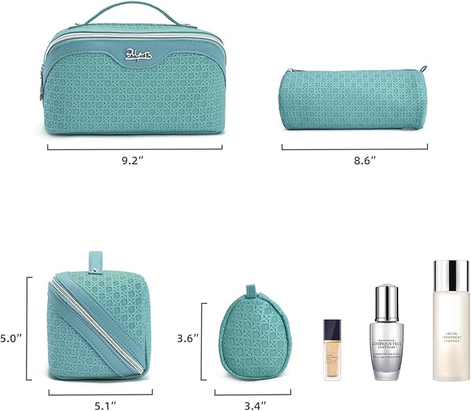 BOYATU Travel Makeup Bag Cosmetic Bags for Women: Large Capacity 3 Pcs Set Make up Bag with Compartments - Waterproof Vegan Leather Toiletry Organizer Bags with Handle (M-75Blue)