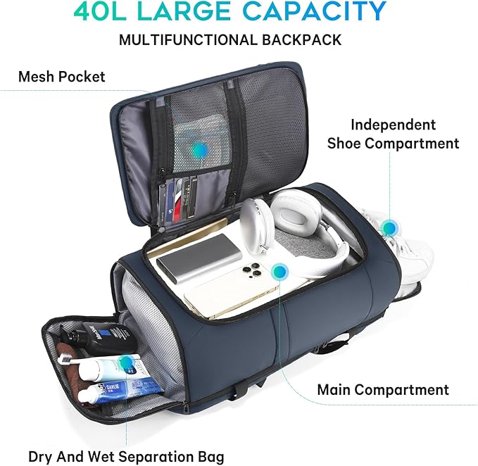 BANGE Travel Backpack with Shoe Compartment, 40L Large Capacity Back Pack, Men's Weekender Daypack Fits 17.3 Inch Laptop, Carry On Travel Backpack with Water Bottle Holder for Men and Women