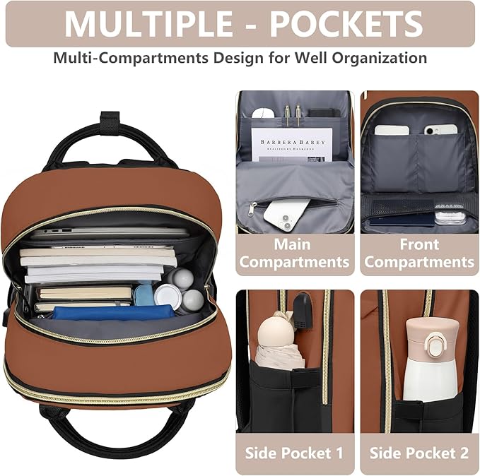 Laptop Backpack for Women Work Bag - 15.6 inch Travel Backpack with USB Charger College Bookbag Waterproof Business Computer Backpack Anti-theft Casual Backpacks for Nurse Teacher Black Brown