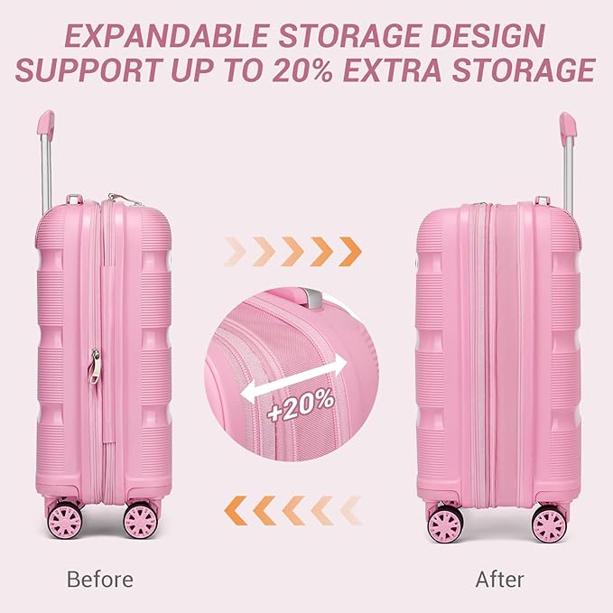 Kono Carry On Luggage 20 Inch Expandable 22x14x9 Airline Approved Hard Shell Travel Trolley 4 Spinner Wheels Lightweight Polypropylene Suitcase with TSA Lock, Pink