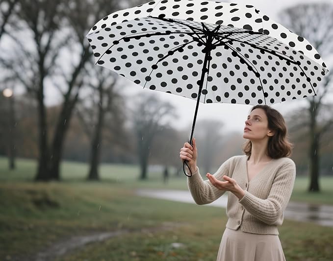SIEPASA Windproof Travel Compact Umbrella-Automatic Umbrellas for Rain- Small Portable Windproof Umbrellas for Men Women Teenage. (White Polka Dots)