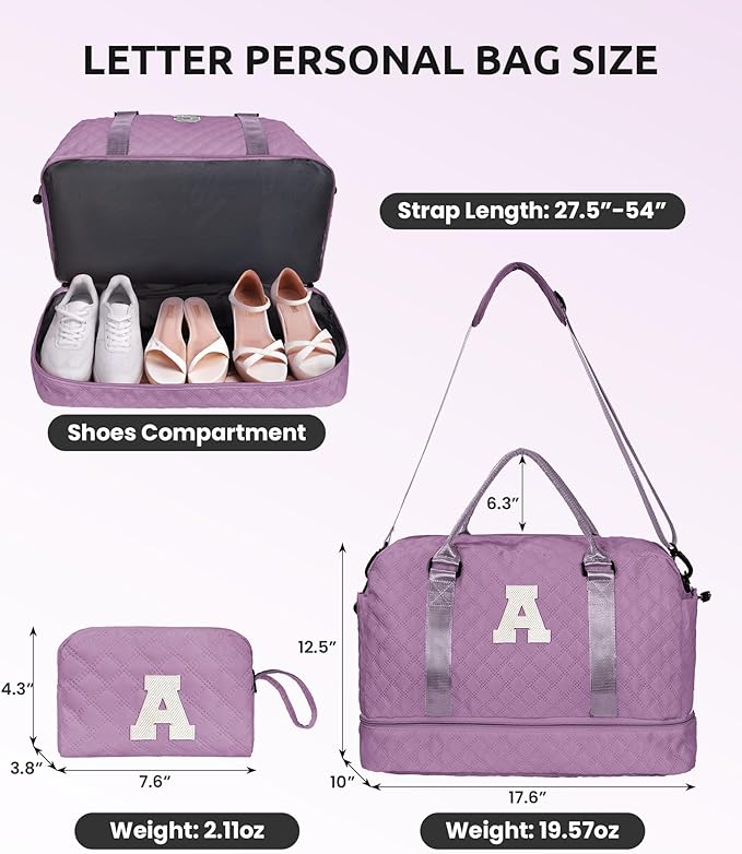 Gifts for Mom-Initial Duffle Bag with Shoe Compartment, Personalized Weekender Bag, Monogram Overnight Bag, Letter Travel Bag with Makeup Bag，Personalized Gifts Idea for Women Her (Letter F)