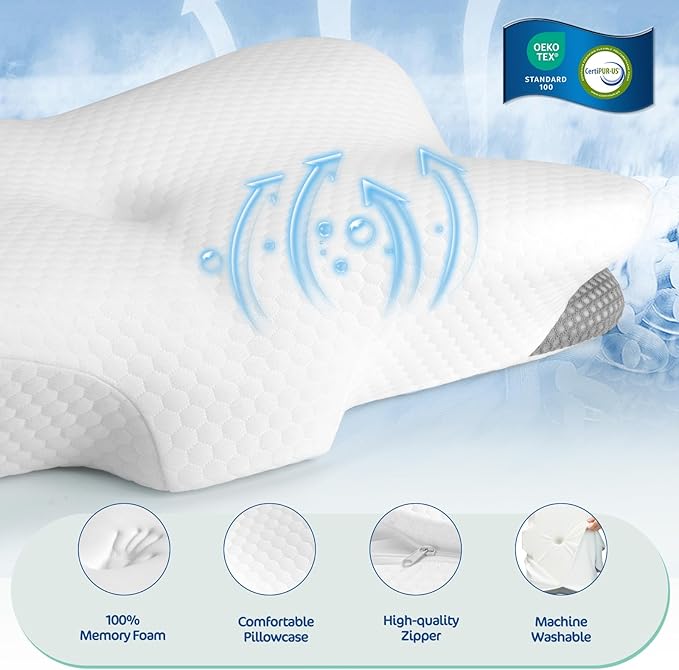 Ergonomic Cervical Pillow for Neck and Shoulder Pain Relief - Memory Foam Contour Pillow with Dual Heights, Cooling Breathable Pillowcase, Orthopedic Support for Side, Back, Stomach Sleeper