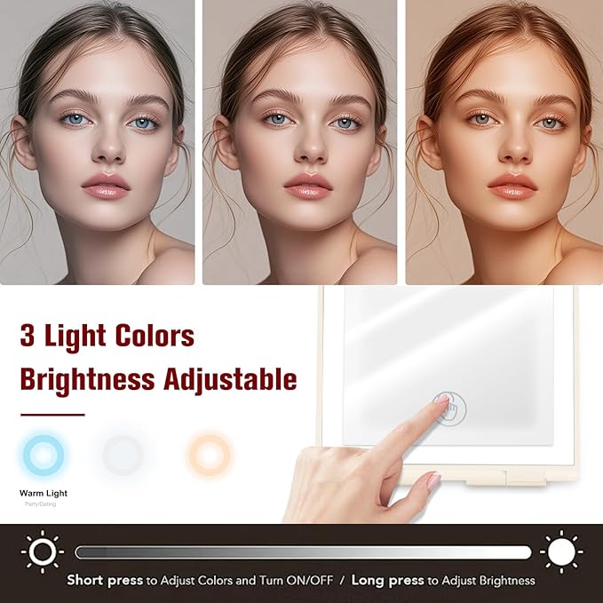 Travel Makeup Mirror with Lights Valentines Day Gifts for Her, Girlfriend, Wife, Birthday Gifts Rechargeable Portable Folding Compact LED Mirror Set with Tweezer 3 Color Light Modes-Cream
