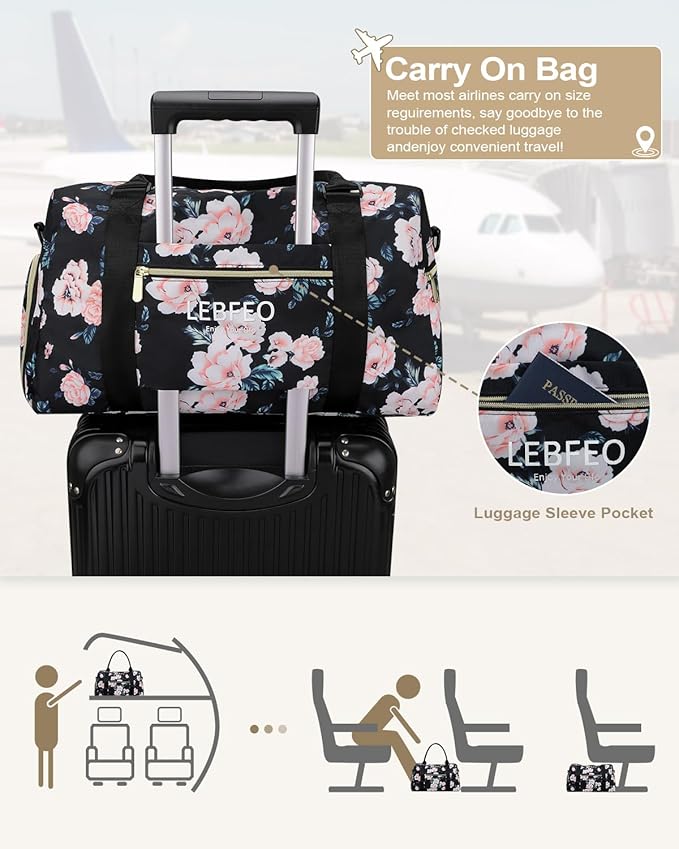 Travel Duffle Bag for Women Large Weekender Overnight Bags Gym Bag with Shoe Compartment Waterproof Hospital Bag Carry On Tote Bag for Airplanes,Black Flower
