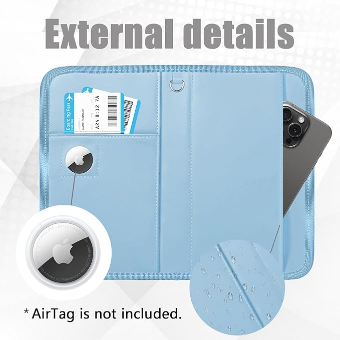 GOAUS Passport Holder with AirTag Slot, PU Leather Travel Document Organizer, Multiple RFID Blocking Wallet for Family of 4 to 6 Blue