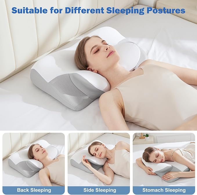 Cervical Neck Pillow for Sleeping - Cooling Ergonomic Memory Foam Pillow for Neck Pain Relief, Soft and Stretchy, Relieves Shoulder Pressure, Side Sleepers, Cooling and Breathable Ice Silk Pillowcase