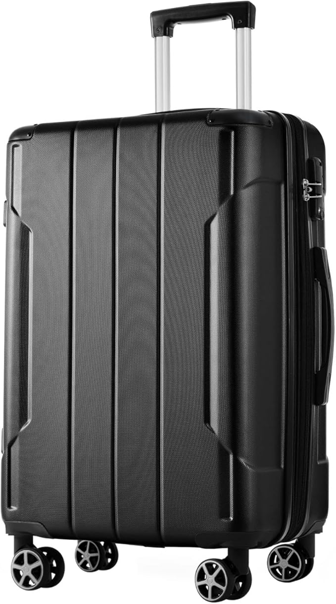 24 Inch Checked-Large Luggage, Lightweight ABS Hard Shell Suitcase with Spinner Wheels, Expandable Travel Luggage with Combination Lock & Side Hooks for Men Women, Black