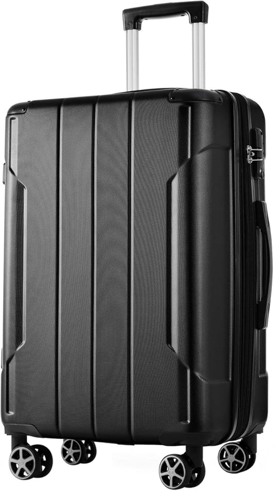 24 Inch Checked-Large Luggage, Lightweight ABS Hard Shell Suitcase with Spinner Wheels, Expandable Travel Luggage with Combination Lock & Side Hooks for Men Women, Black