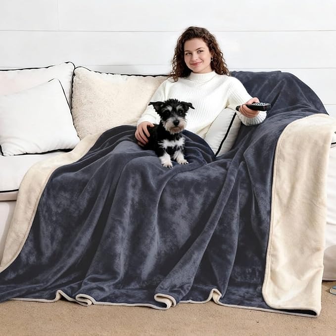 NANPIPER 100% Waterproof Blanket Queen Size Cover for Bed, Reversible Fleece Love Blankets, Spill-Proof Dog Pads for Camping, Travel, Navy/Light Beige 80x90 inches