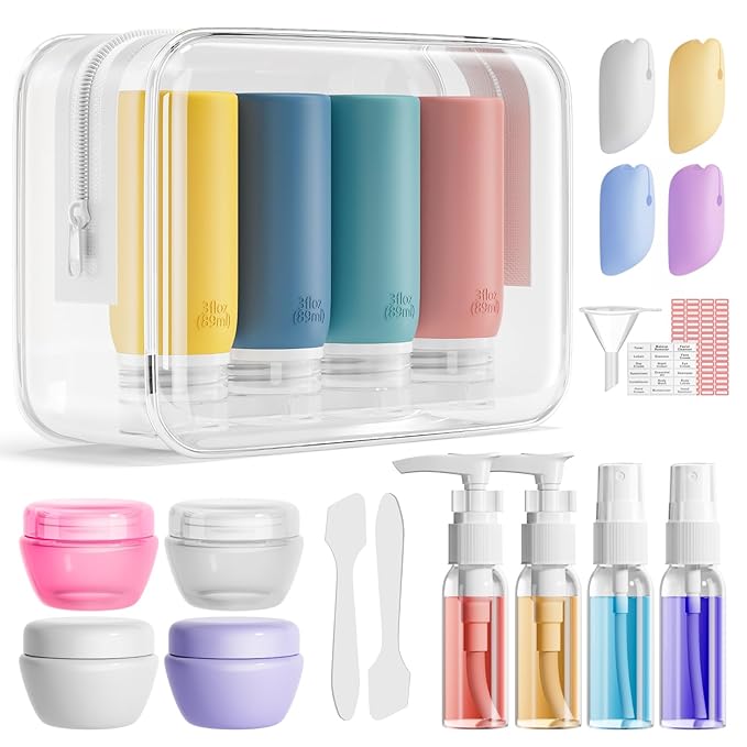 Muslish 21 Pack Travel Bottles for Toiletries, Leak-Proof TSA Compliant Silicone Travel Size Containers for Shampoo and Conditioner, BPA Free with Toiletry Bag (Yellow)