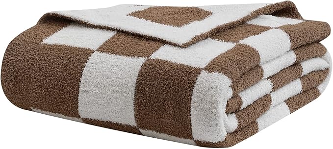 bearberry Fuzzy Checkerboard Grid Throw Blanket Soft Cozy Warm Microfiber All Season Blanket Decor for Couch Sofa Bed Travel Home (Mocha, 50''x60'')
