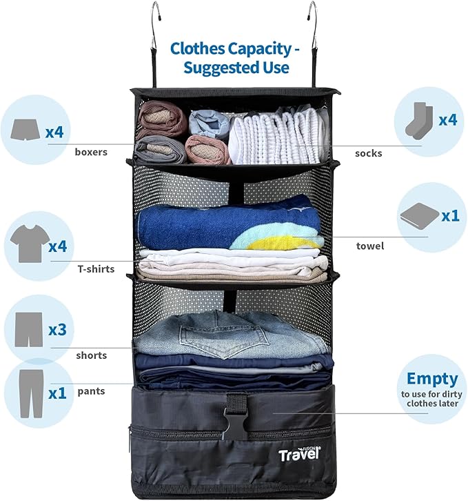 Grand Fusion Stow-N-Go Packing Organizer for Luggage, Portable Hanging Travel Shelves, Carry-On Closet, Hanging Packing Cubes, Collapsible Carry-On Organizer for Cruises & Hotels. Black - L